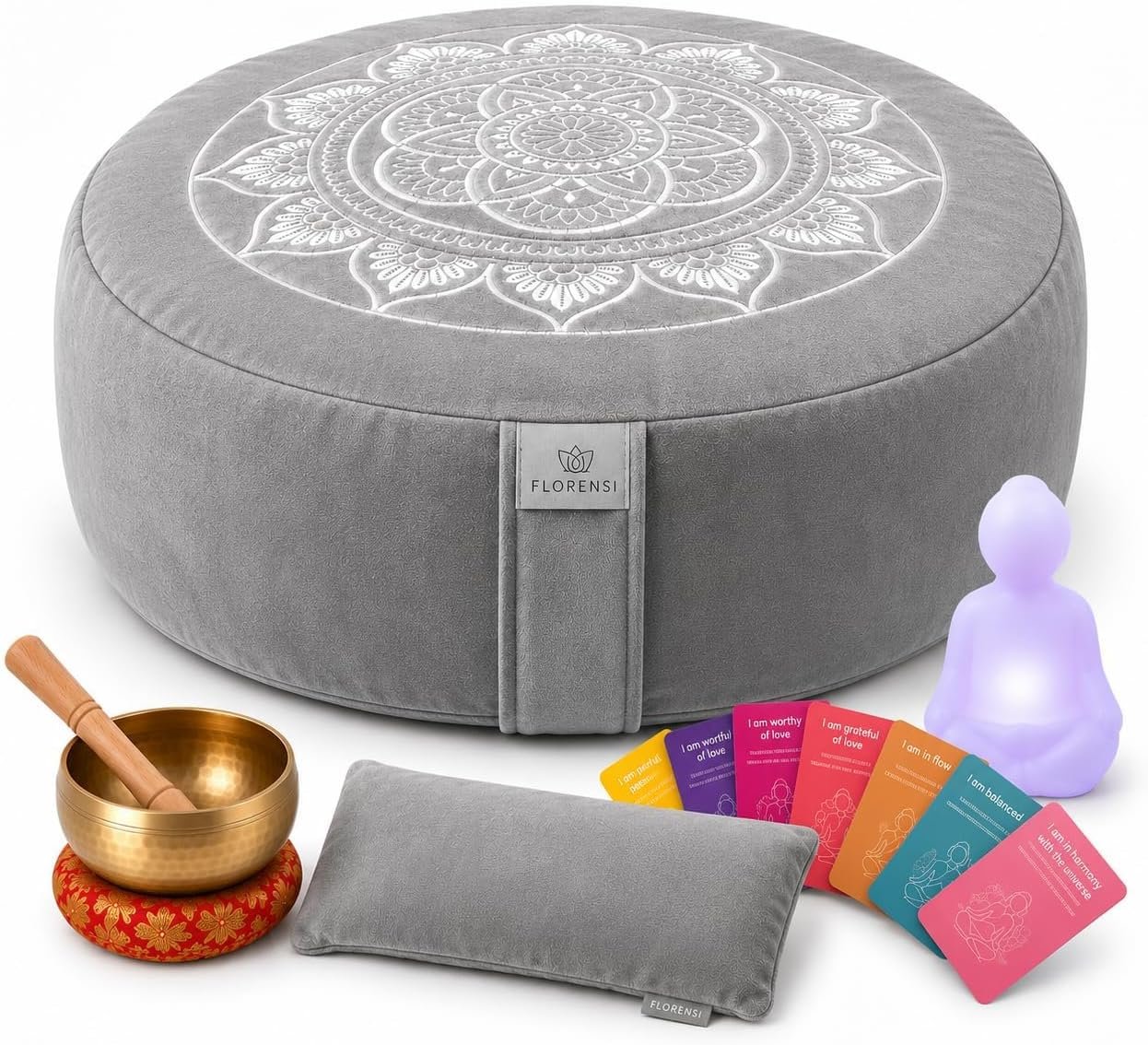 Meditation Cushion Set with Buckwheat Zafu, Singing Bowl, Breathing Light, Eye Pillow & Affirmation Cards | Complete Meditation Kit for Beginners | Mindfulness Gift for Daily Practice & Yoga