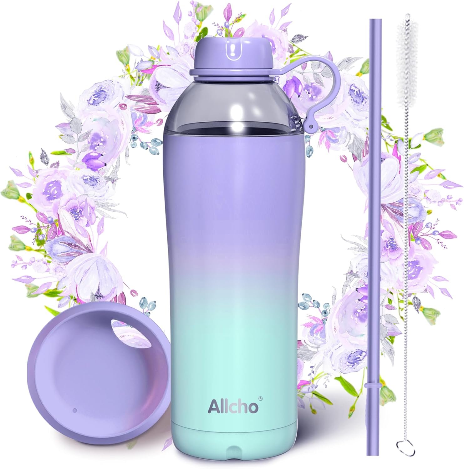 Allcho Insulated Water Bottle for Women, 18oz Stainless Steel Leak Proof Tumbler with 2 Lids, BPA-Free Tritan Chug & Straw Lid, Double Wall Vacuum Flask