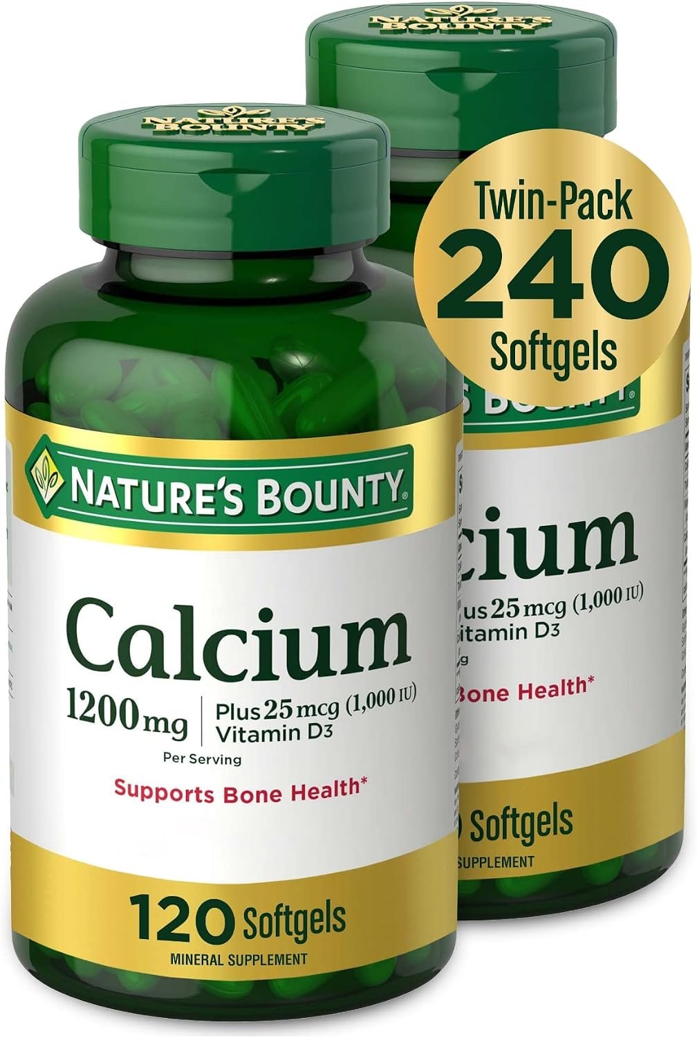 Nature’s Bounty Calcium 1200 mg with Vitamin D3 – Bone Health Softgels, Calcium and Vitamin D Supplement, 120 Ct (2-Pack)