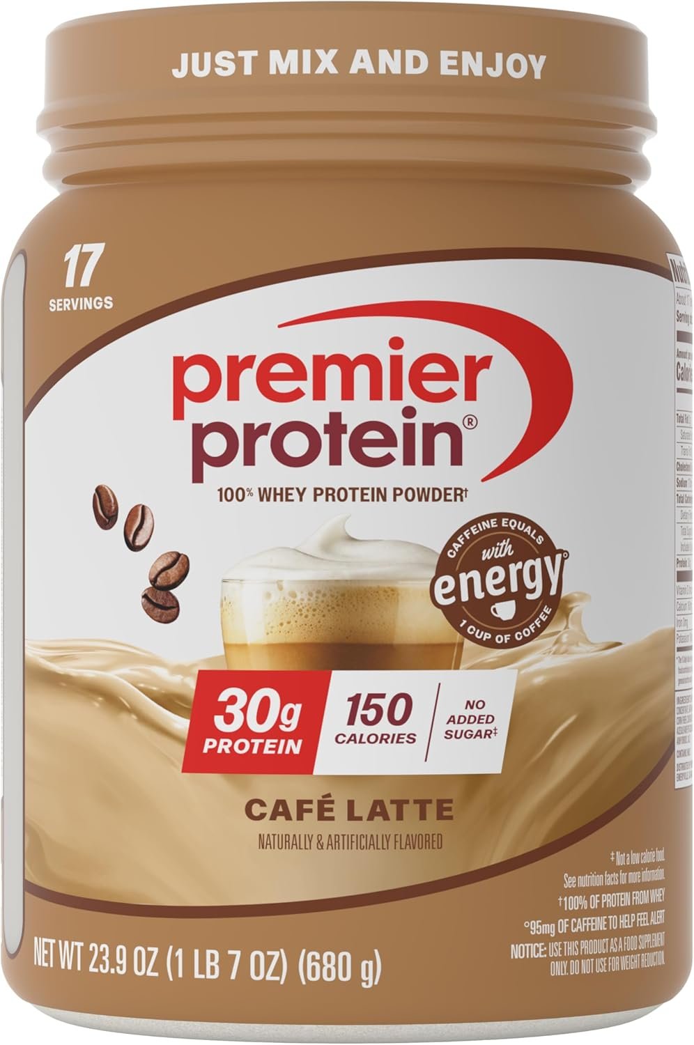 Premier Protein Powder, Café Latte, 100% Whey, 30g High Protein, 17 Serving | 95mg Caffeine, No Added Sugar, Supports Muscle Health, Gluten-Free, 23.9 oz