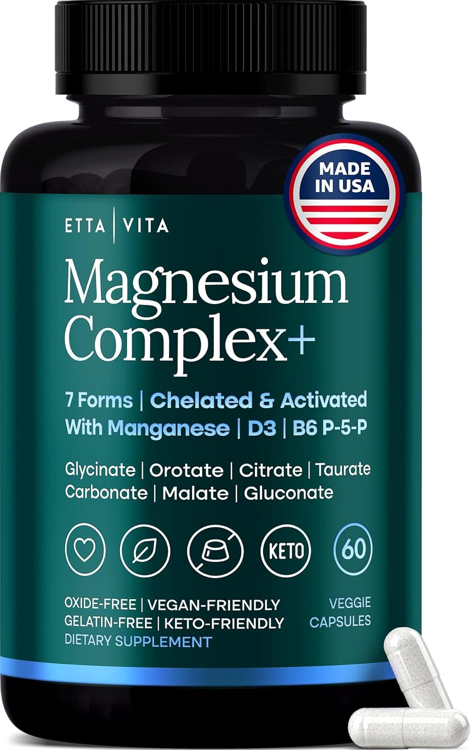Magnesium Complex for Women & Men 500mg (7-in-1) Magnesium Glycinate with Vegan D3, B6, and Manganese (Made In USA) + Gluconate, Citrate, Malate, Taurate, Orotate, Carbonate (Oxide-Free) Small Capsule