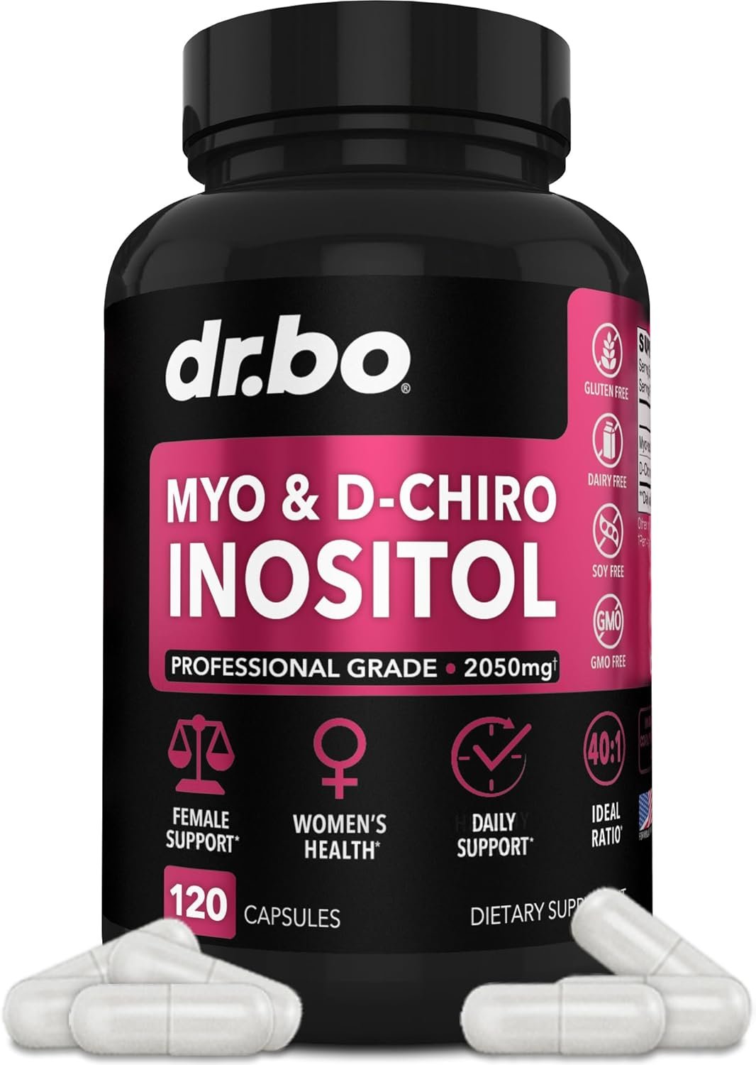 Myo-Inositol & D-Chiro Inositol Supplement Capsules – 40:1 Ratio Inositol Supplement for Women 2050mg with Vitamin B8 Pills – Natural Supplements for Female Women Support & Womens Health 120 Capsules