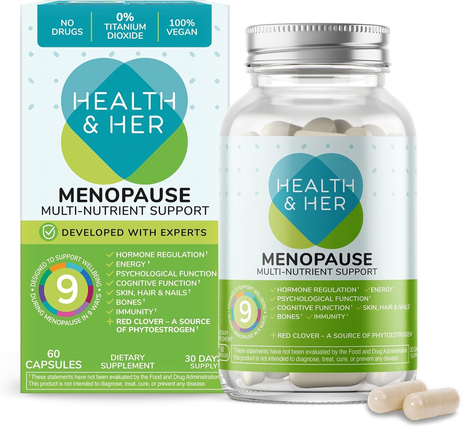 Health & Her Menopause Supplement, Multivitamin for Women, 30 Day Supply | 9-in-1 daily multivitamin for women during Menopause, with Ashwagandha & Red Clover; Vegan, gluten-free; 60 capsules