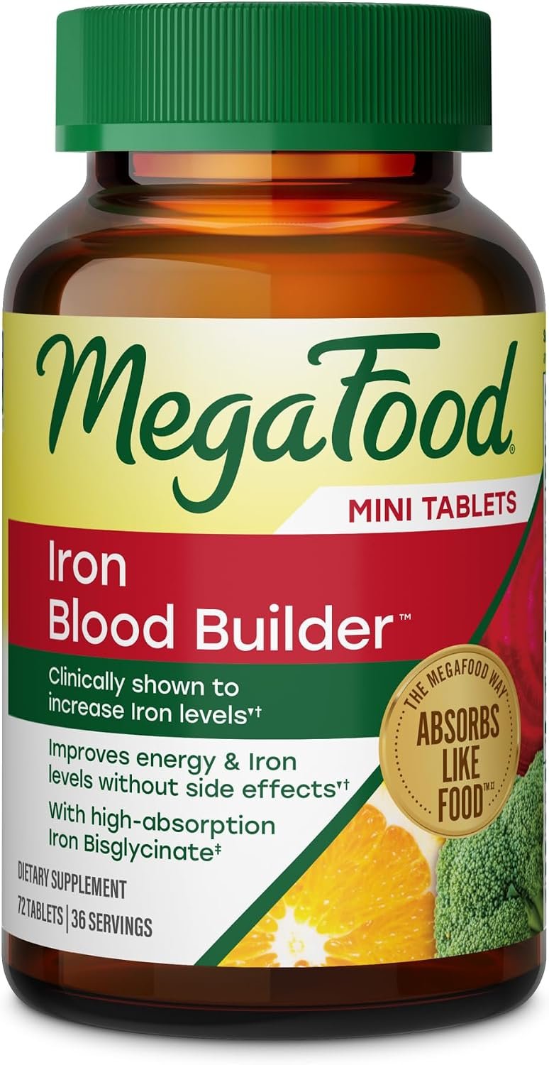 MegaFood Blood Builder Iron Supplement for Women & Men – Increase Iron Levels Without Side Effects, Improves Energy Levels, B12, Folic Acid & Vitamin C for Absorption, Vegan, Non-GMO, 72 Mini Tablets