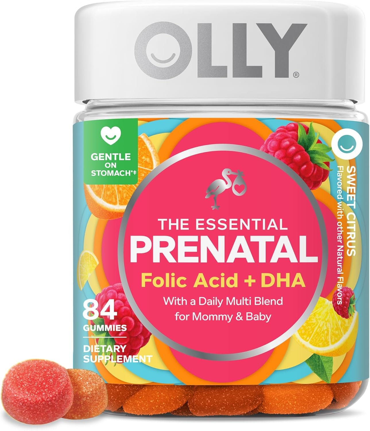 OLLY Prenatal Multivitamin Gummy, Daily Multi Blend for Mommy & Baby, Folic Acid, Omega 3 DHA, Vitamins A & D, Sweet Citrus Flavored, 42 Day Supply – 84 Count