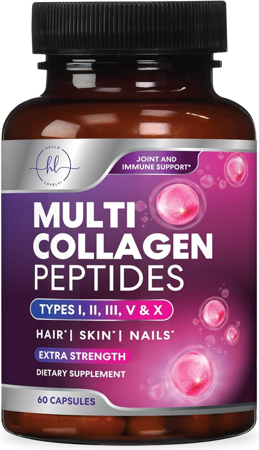 Multi Collagen Peptides – Hydrolyzed Collagen Types I, II, III, V, X – Best Hair, Skin, Nail & Joint Support for Women – Complete Collagen Peptide Supplement – Non-GMO, Bottled USA – 60 Capsules