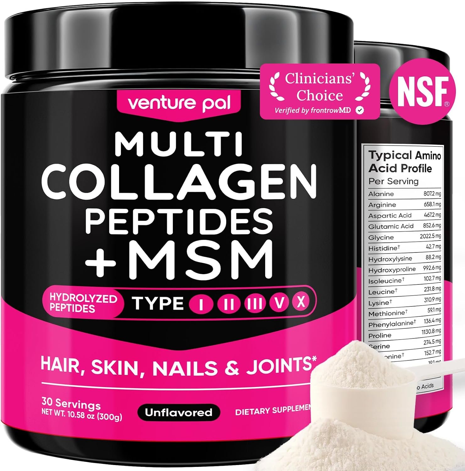 Venture Pal Multi Collagen Protein Powder Type I, II, III, V, X – Hydrolyzed Collagen Peptides MSM, GC, Hyaluronic Acid Vitamin C | Collagen Supplement for Women | Joint, Hair, Skin & Nail Support