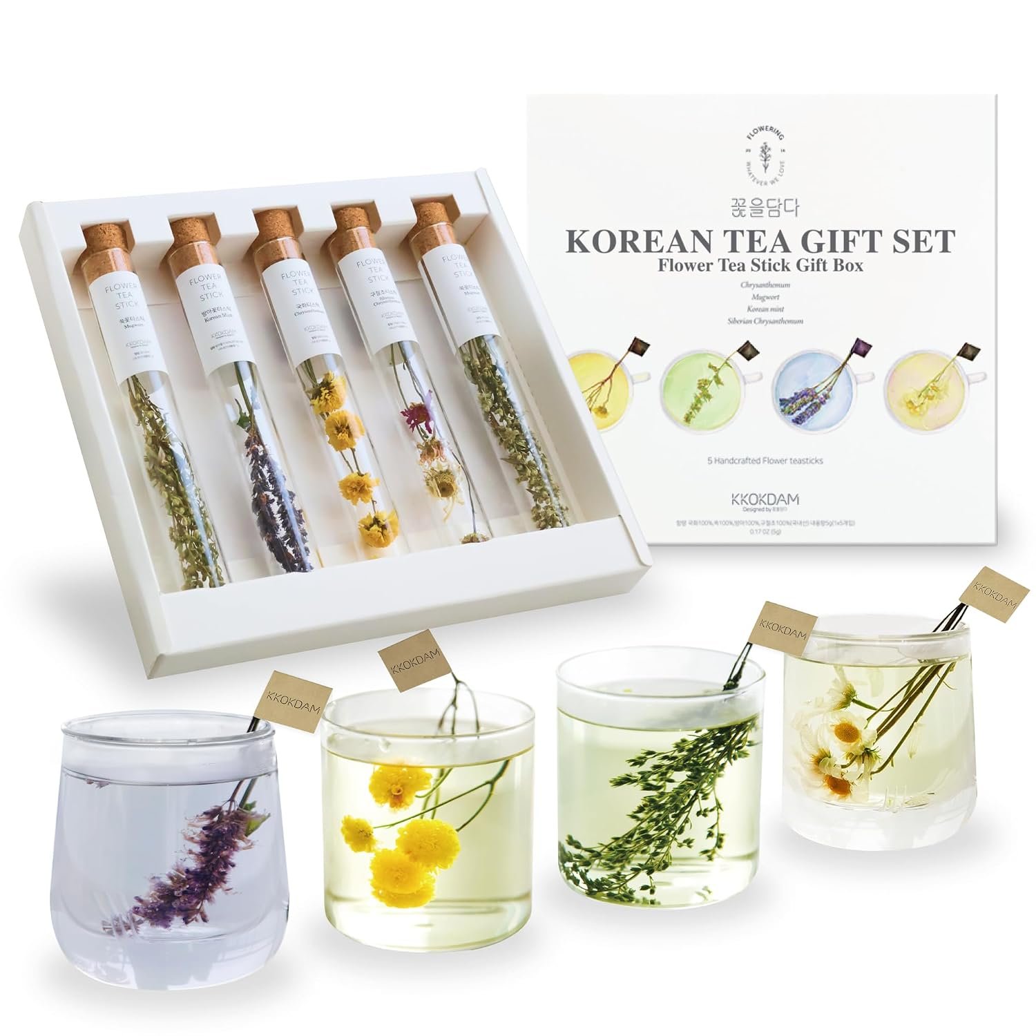 KKOKDAM Premium Flower Korean Tea Stick Gift Set – 5 Handcrafted Blooming Herbal Tea Variety Pack in Glass Tubes, Caffeine-Free Women & Mom Gift Box