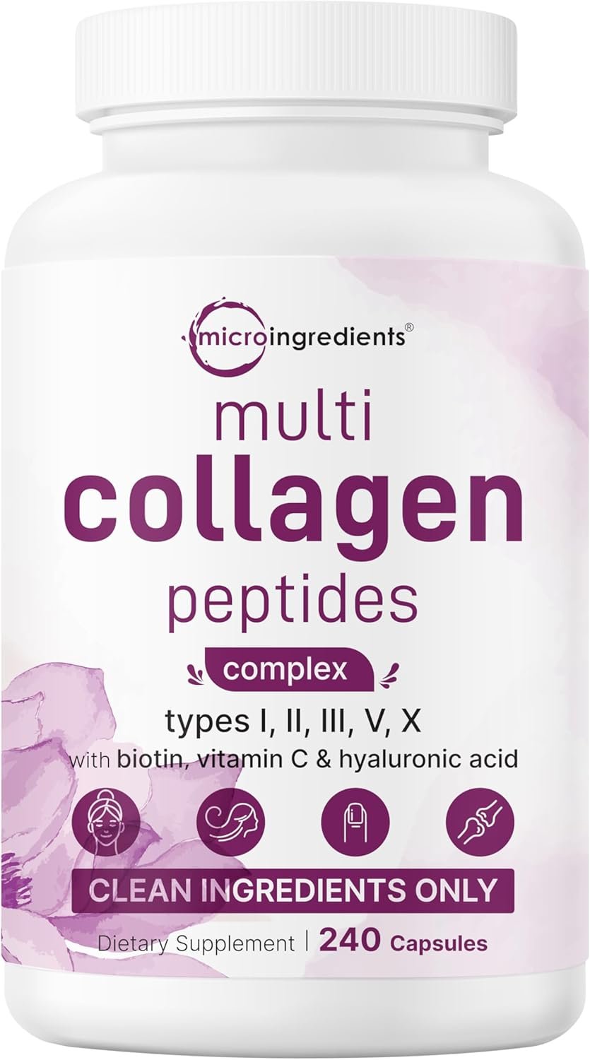 Micro Ingredients Multi Collagen Pills, 240 Capsules | Type I, II, III, V, X | Hydrolyzed Peptides with Biotin, Hyaluronic Acid, & Fat Soluble Vitamin C Complex | Non-GMO, Filler Free