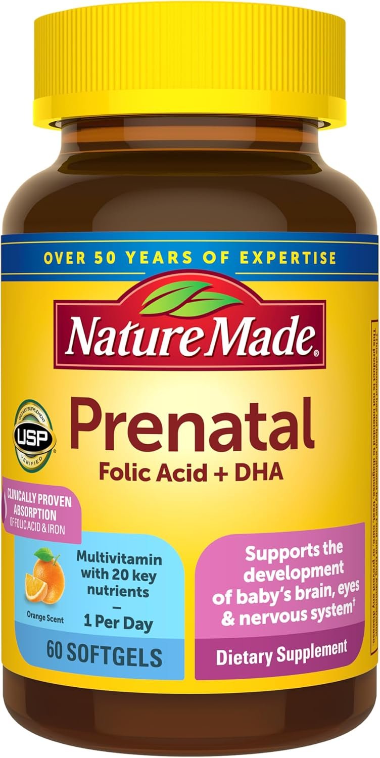 Nature Made Prenatal Vitamins for Women with Folic Acid + DHA, Prenatal Vitamin and Mineral Supplement for Daily Nutritional Support, 60 Softgels, 60 Day Supply