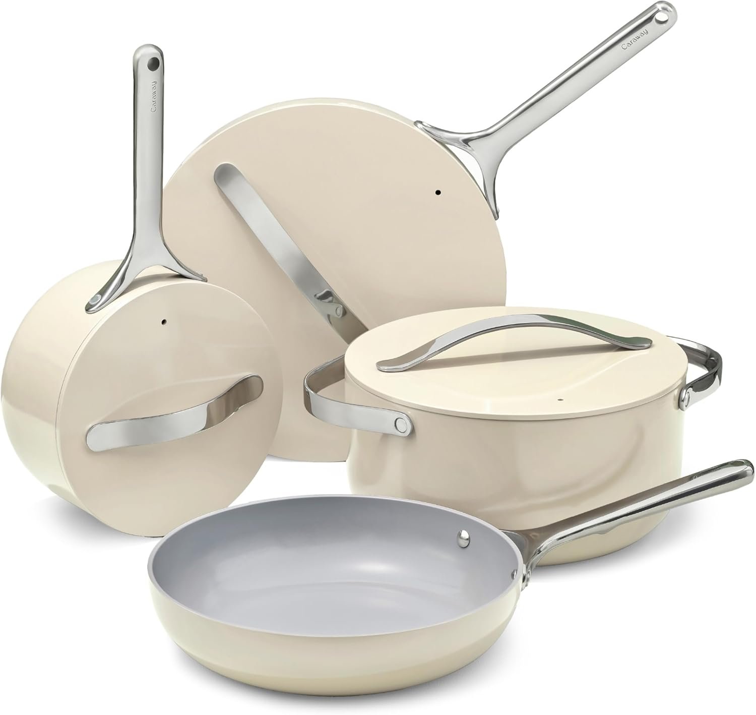 Caraway Non-stick Ceramic Cookware Set (12 Piece) Pots, Pans, Lids and Kitchen Storage – PFAS & PFOA Free – Oven Safe Pan Set & Compatible with All Stovetops – Cream