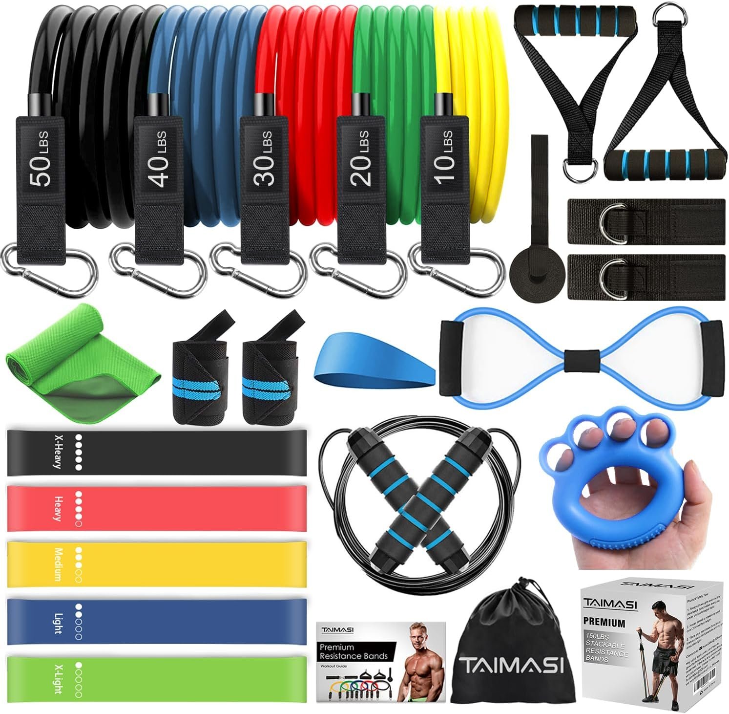23Pcs Resistance Bands Set Workout Bands, 5 Stackable Exercise Bands with Handles, 5 Resistance Loop Bands, Jump Rope, Figure 8 Resistance Bands, Headband, Cooling Towel | 5 Exercise Bands with Handles, 5 Resistance Loop Bands, Jump Rope, Figure 8 Resistance Band, Headband, Cooling Towel