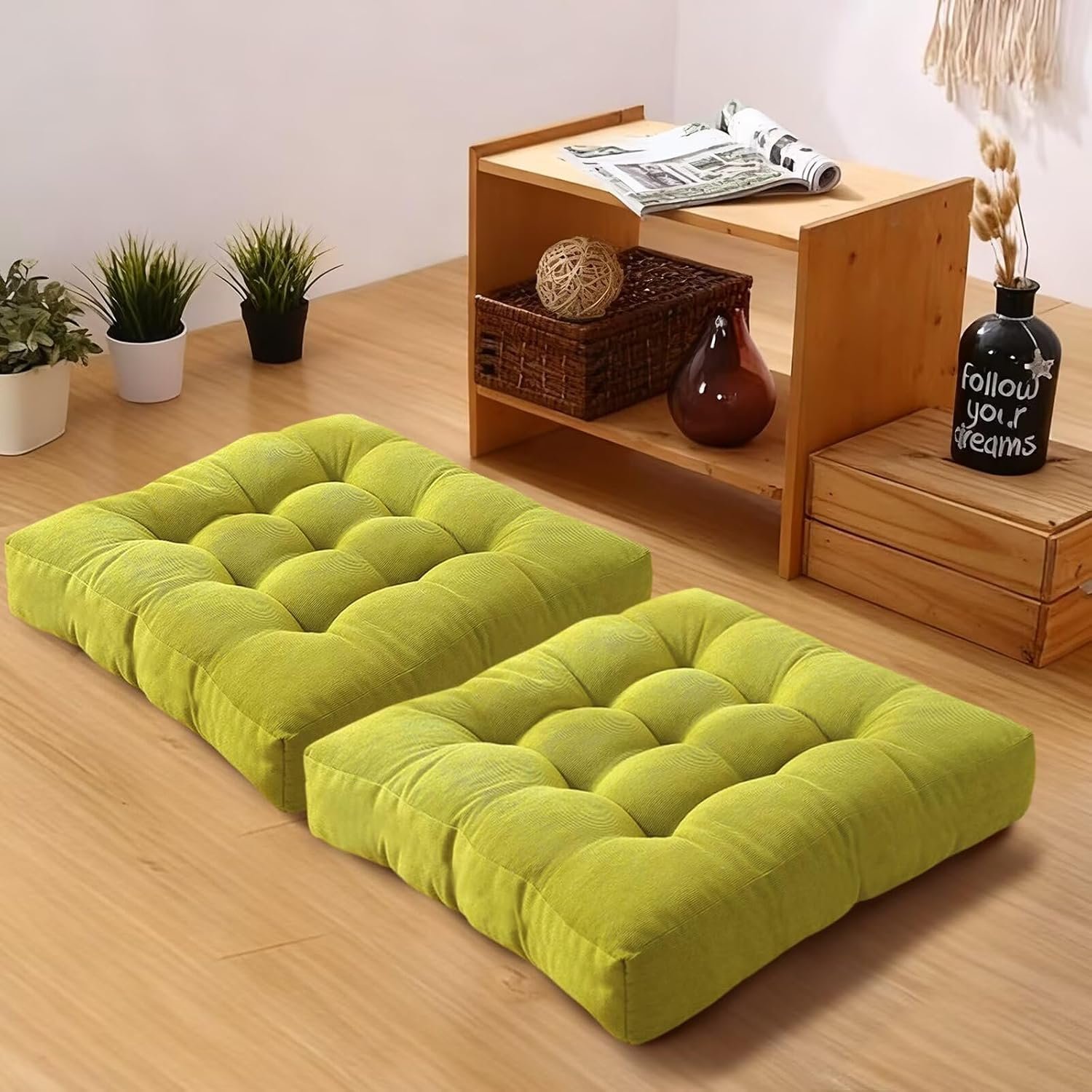 Meditation Floor Pillow Set of 2 Square Large Seat Pillows for Adults Tufted Corduroy Floor Cushion for Tatami Living Room Bedroom Grass Green 22×22 Inch