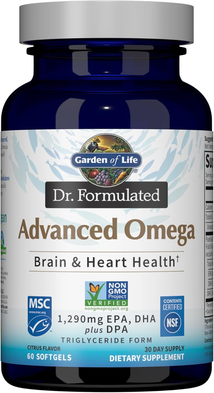 Garden of Life Dr. Formulated Advanced Omega Fish Oil, 1,290mg EPA, DHA & DPA in Triglyceride Form – Omega 3 Fish Oil Supplement for Heart Health & Brain Support, Non-GMO, Citrus Flavored, 60 Softgels