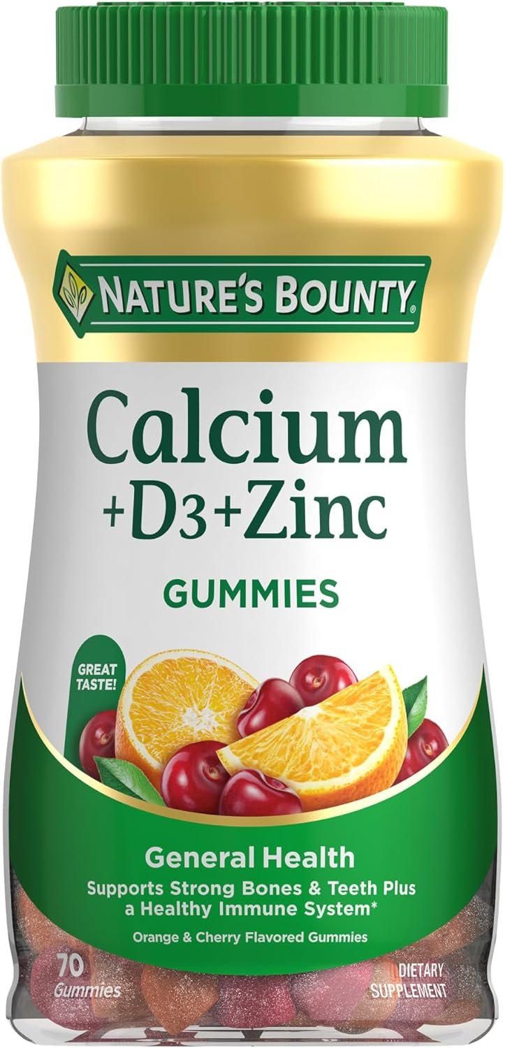 Nature’s Bounty Calcium + D3 + Zinc Gummies, Supports Strong Bones & Teeth Plus a Healthy Immune System, 500mg, Orange and Cherry Flavored, 70 Gummies