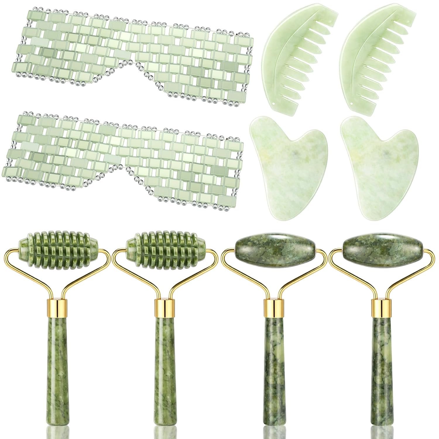 Sliner 10 Pcs Gua Sha Facial Tools Set Jade Eye Mask Scalp Hair Comb Spiked Roller Jade Stone Eye Mask Gua Sha Board White Facial Cooling Set for Spa Relax Alleviate Puffiness Esthetician Supplies