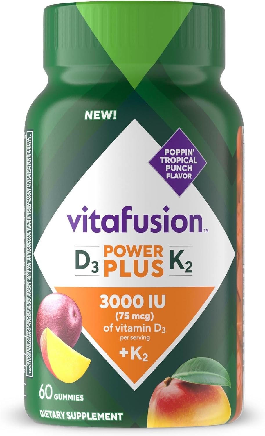 Vitafusion Power Plus Vitamin D3 K2 Gummies | 3000 IU Vitamin D | 60 Count | for Adult Women & Men | Tropical Punch Flavor | Gluten-Free Supplement
