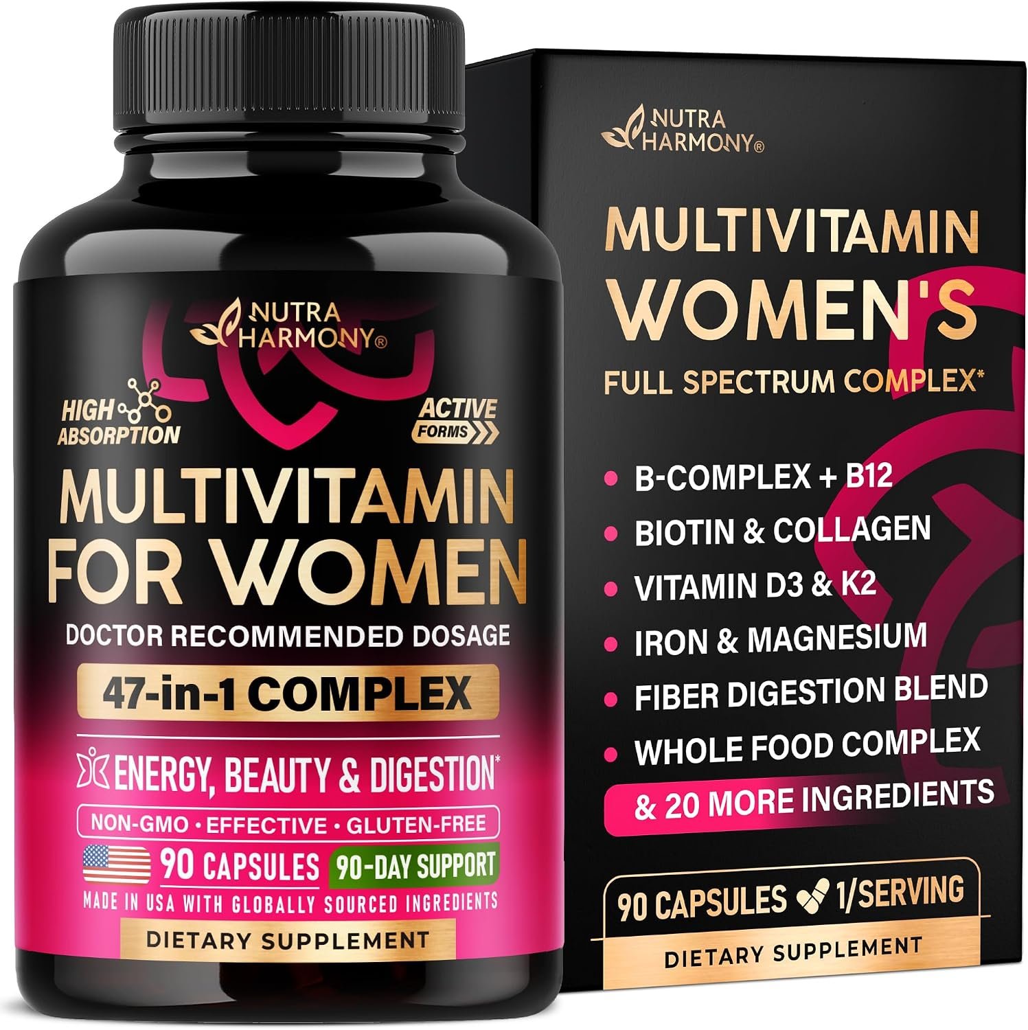 Multivitamin for Women – B-Complex | Whole Foods | Hair Growth Support | Digestion & Metabolism | Iron – 47in1 Womens Multivitamin – Bioavailable & Gentle on Stomach – 90 Capsules, 3 Month Supply