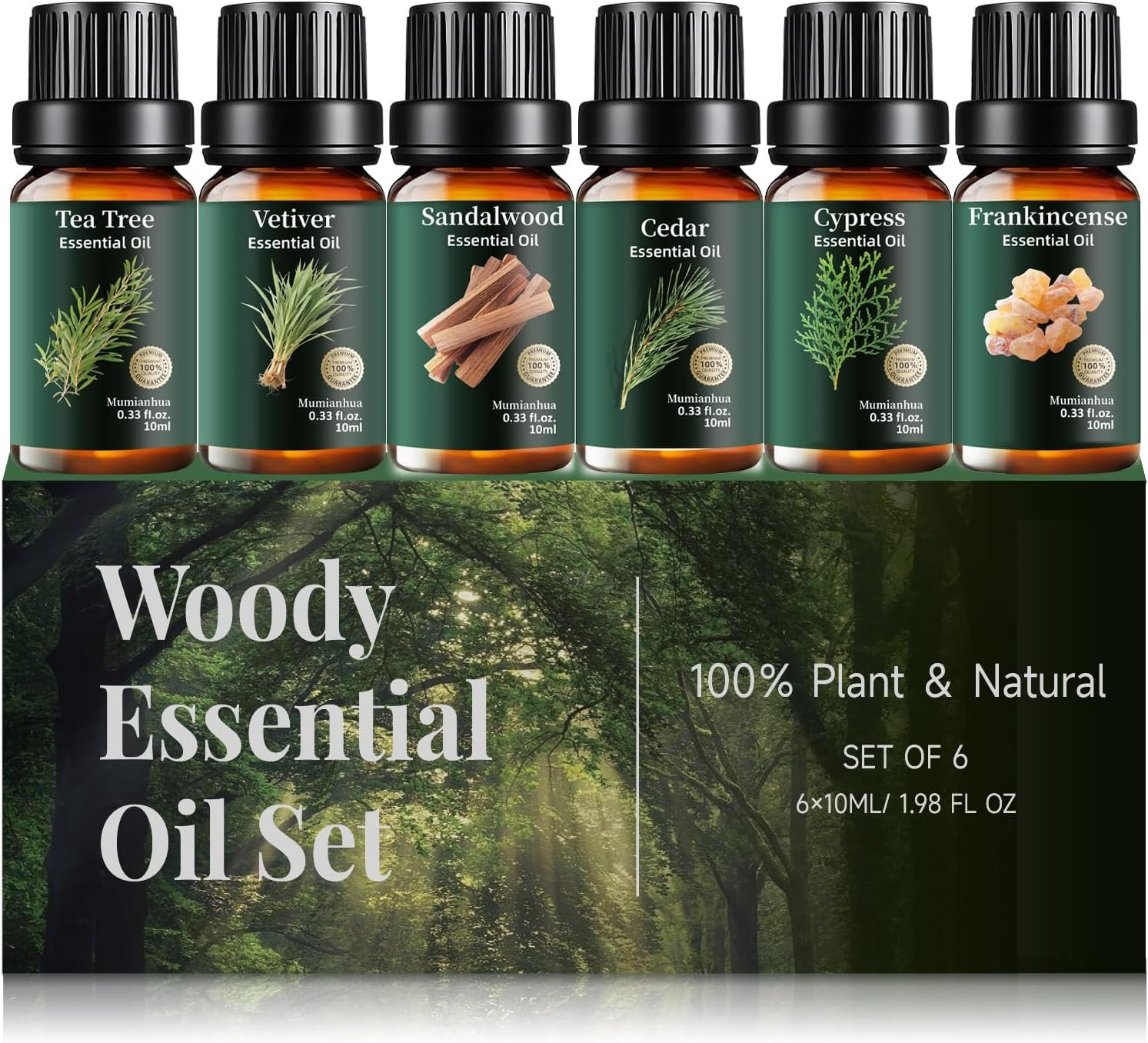 Woody Essential Oils Gift Set, 6 Scents, Diffuser, Meditation & DIY, 6x10ml | Mumianhua Woody Oils:Sandalwood,Cedarwood,Tea Tree,Cypress,Frankincense,Vetiver For Skin & Hair, Soap & Candle Making