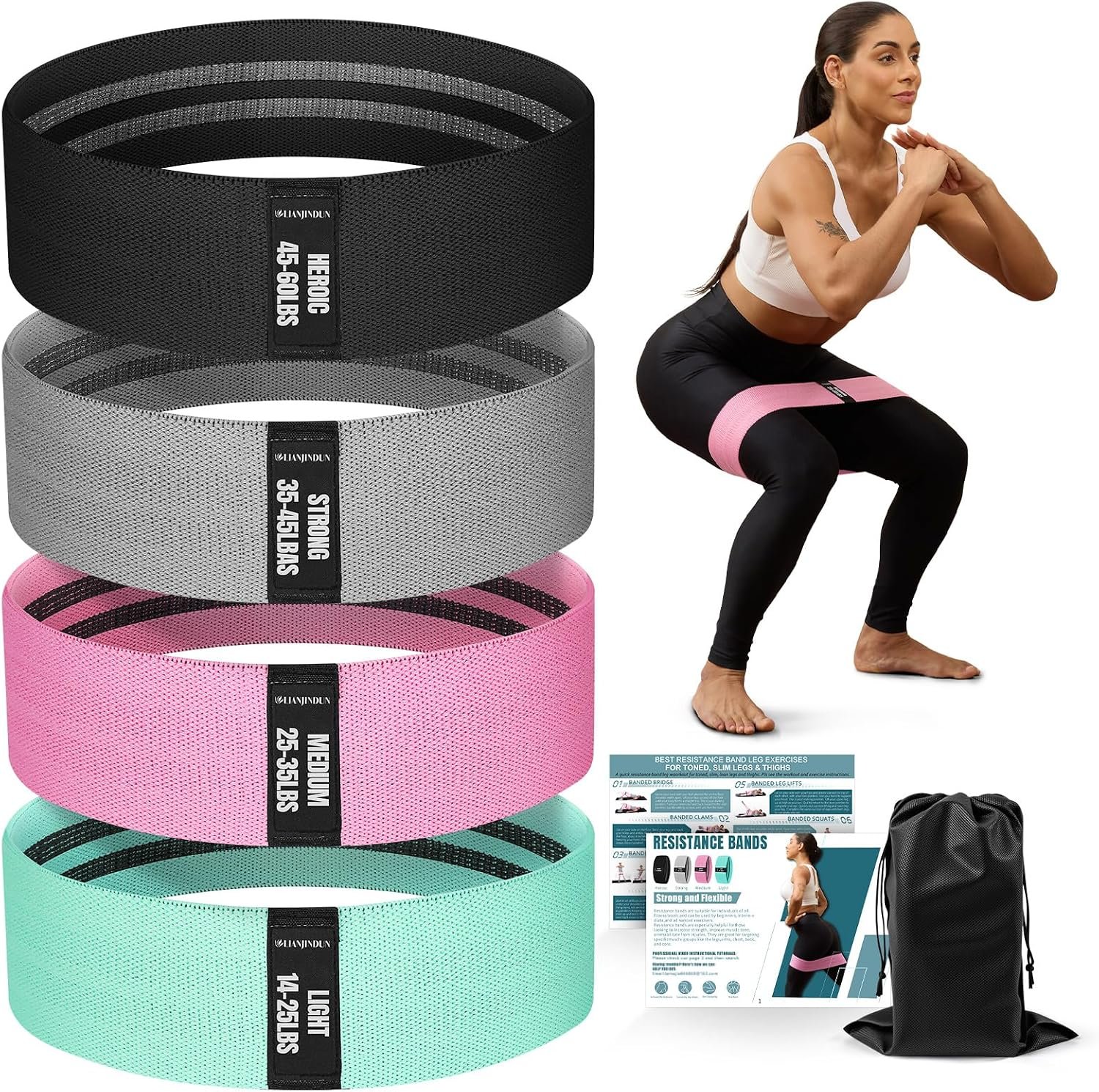 Resistance Bands for Working Out with Guide, 4 Workout Bands for Women & Men, Fabric Exercise Bands for Legs, Hip, Glute, Butt, Booty Bands Set for Yoga, Pilates, Strength
