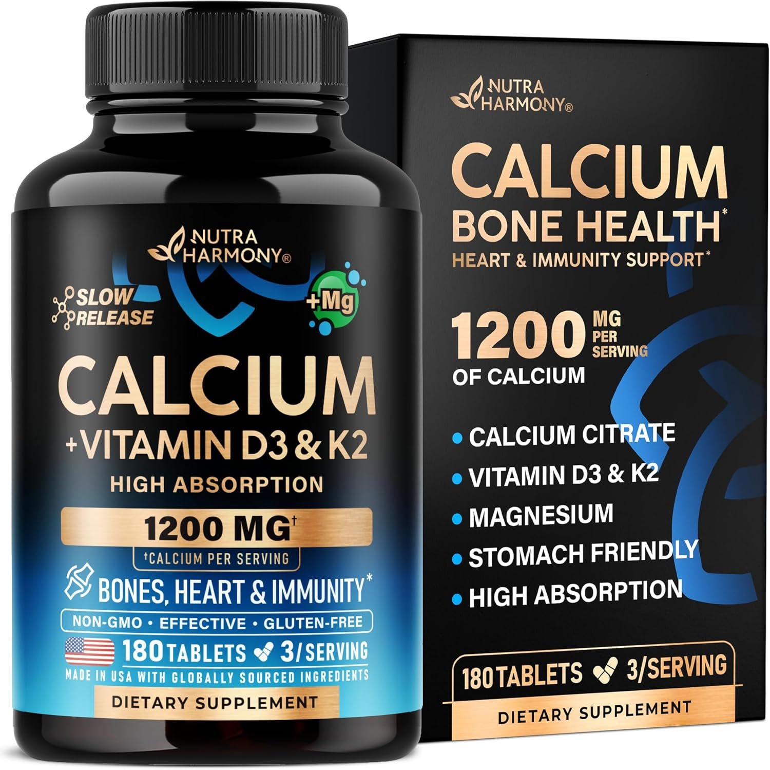 Calcium 1200 mg with Vitamin D3 – Calcium Citrate Supplements for Women & Men – Bone Health, Strength & Density – High Absorption & Slow Release – Lab Tested – 180 Tablets, 60 Days Supply