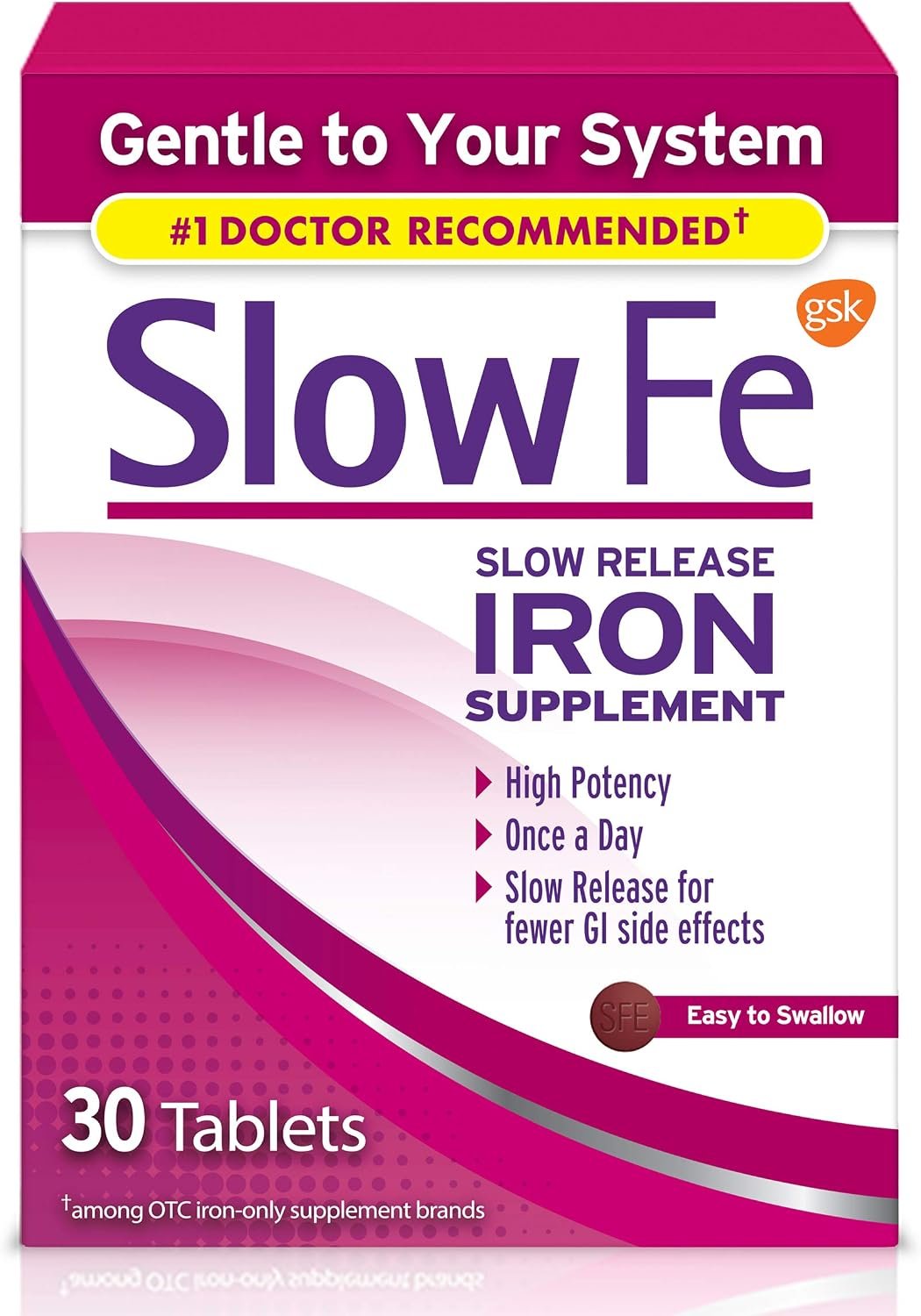 Slow Fe 45mg Iron Supplement for Iron Deficiency, Slow Release, High Potency, Easy to Swallow Tablets – 30 Count