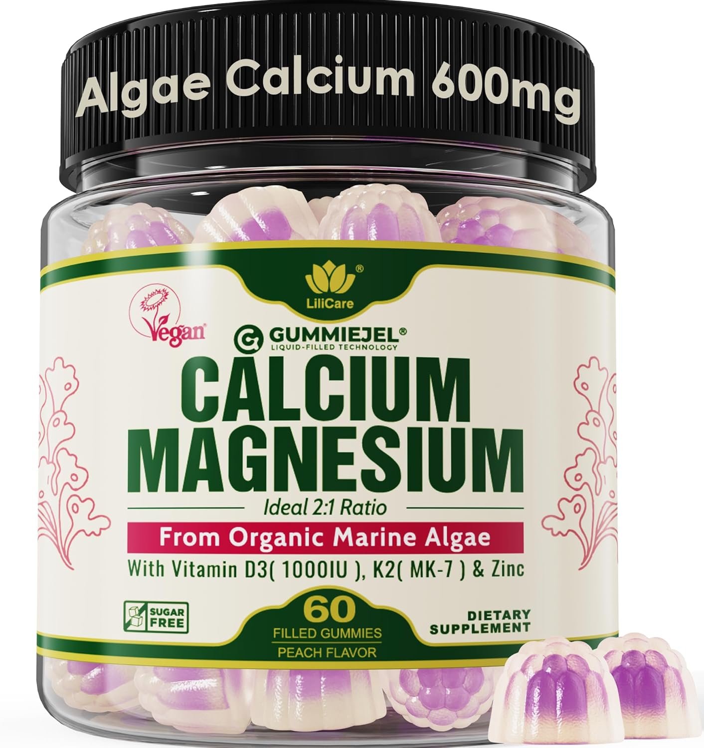Plant Based Calcium Gummies 600mg with Vitamin D3 K2, Magnesium, Zinc for Bone Strength, Sugar Free Calcium Supplements for Women & Men (Certified Vegan) from Sustainably Organic Red Algae – 60 Counts