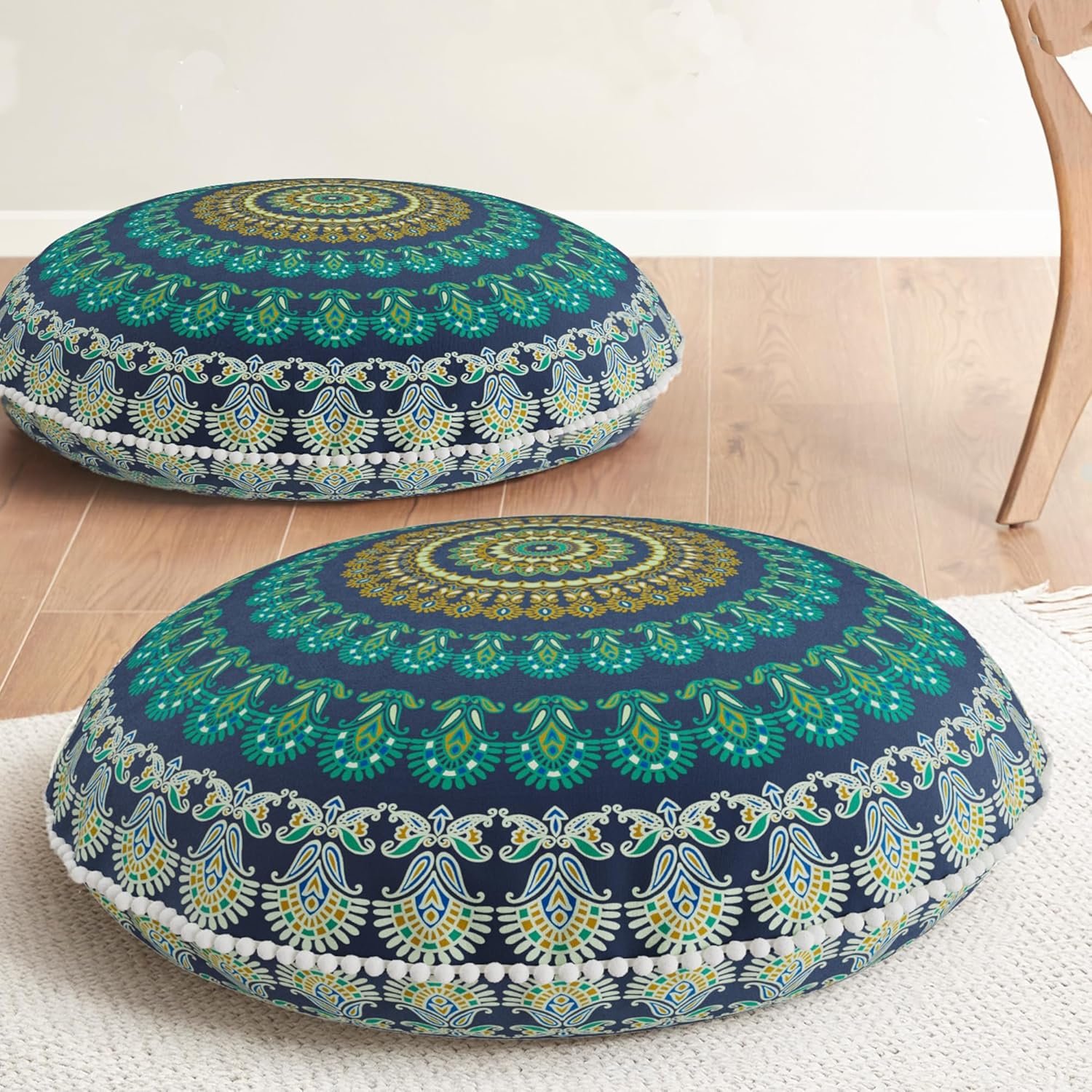 Codi Meditation Floor Pillow Set of 2, Round Large Pillows Seating for Adults and Teens, Bohemian Mandala Circle Cushions for Outdoor Fireplace Yoga Living Room, 32 Inch, Memory Foam Added, Green