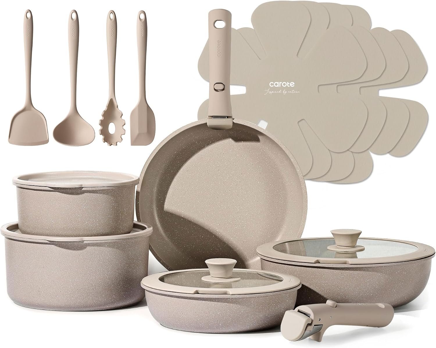 CAROTE 19pcs Pots and Pans Set Non Stick, Nonstick Cookware Set Detachable Handle, Induction Kitchen Cooking Sets with Removable Handle, RV Kitchen, Oven Safe, Taupe