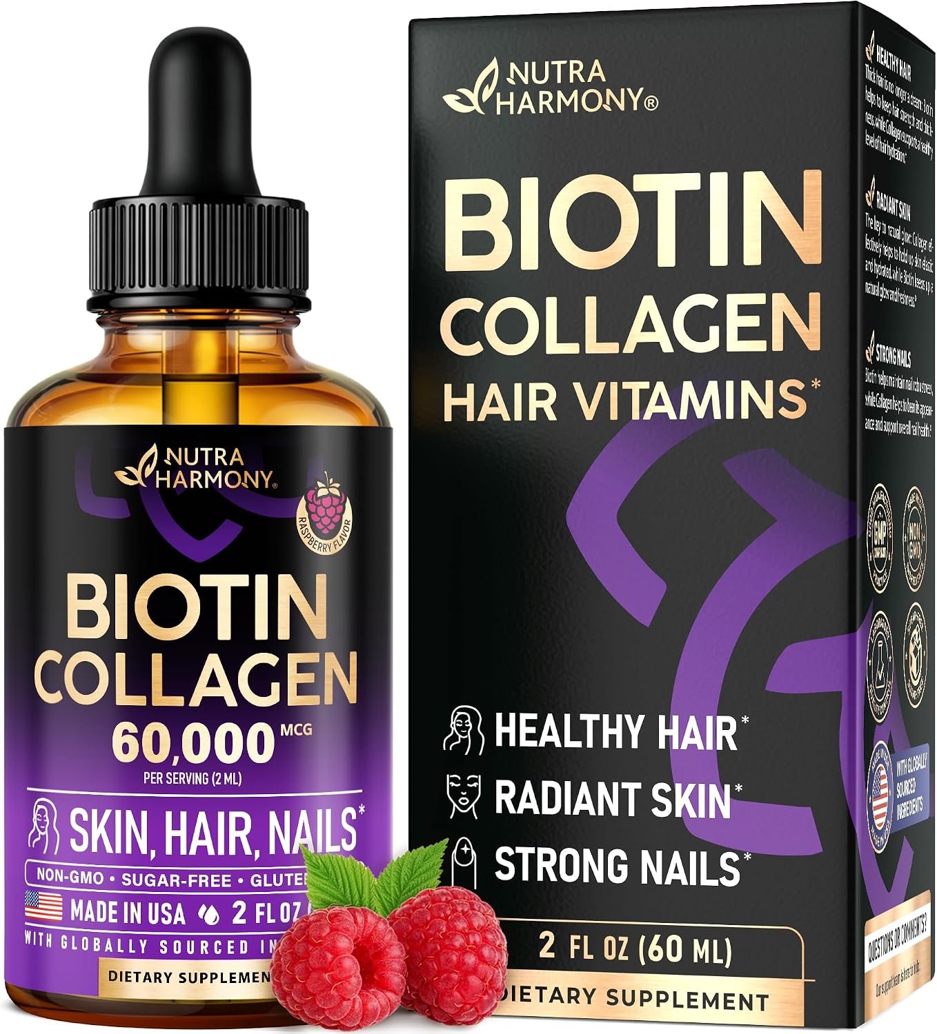 Liquid Biotin & Collagen 60,000 mcg – Vitamins for Hair Growth Support – Extra Strength Drops for Women & Men – Liquid Collagen Supplement – Strong Nails & Healthy Skin – Raspberry Flavor, 2 Fl Oz