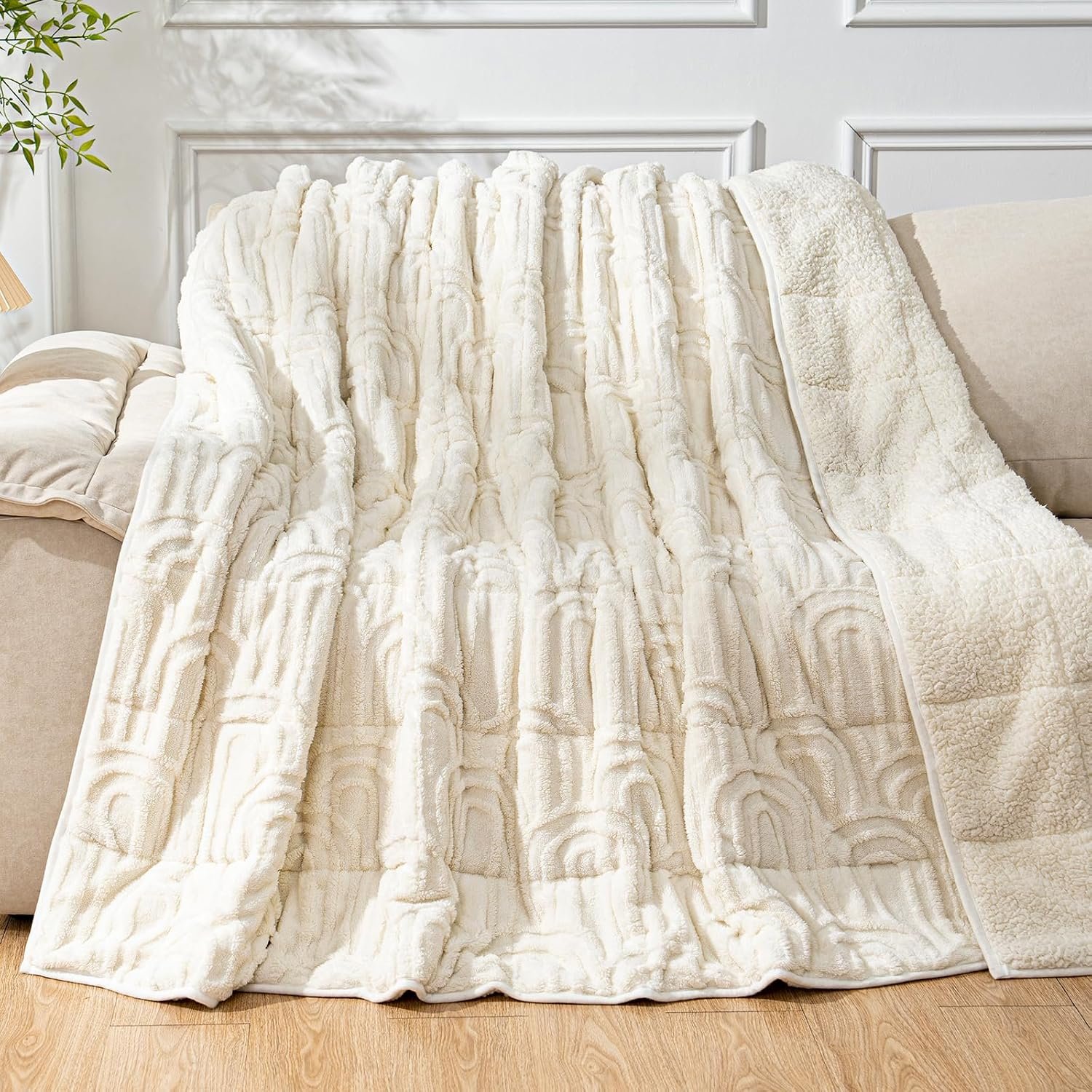 Cottonblue Jacquard Weighted Blanket for Adults 15 lbs Queen Size, Soft Fluffy Sherpa Fleece Weighted Throw Blankets 60″ x 80″ for Sleep Relax, Fuzzy Warm Arch Heavy Blanket for Bed Couch, Cream White