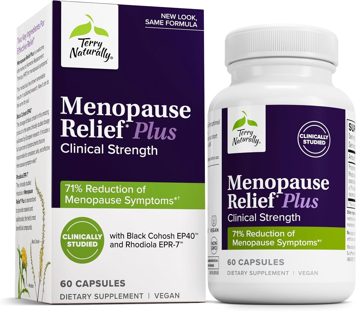 Terry Naturally Menopause Relief Plus – Menopause Symptom Supplement – Supplement to Aid Against Occasional Tiredness & Night Sweats – Supplement with Rhodiola & Black Cohosh – 60 Capsules