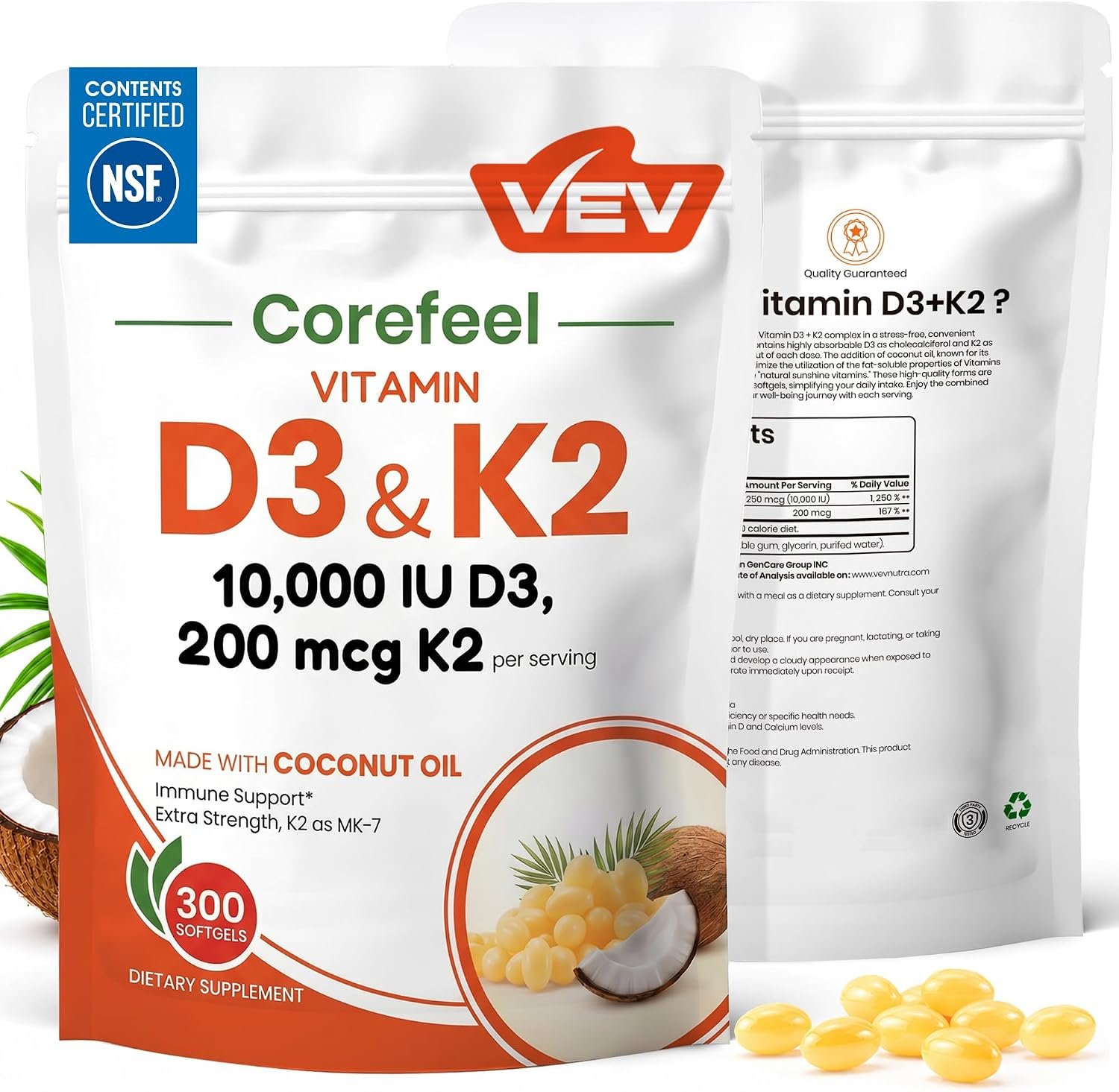 VEV Vitamin D3 K2 10,000 IU & 200 mcg MK-7, D3 and K2 Supplements with Coconut Oil, NSF Certified, 300 Softgels