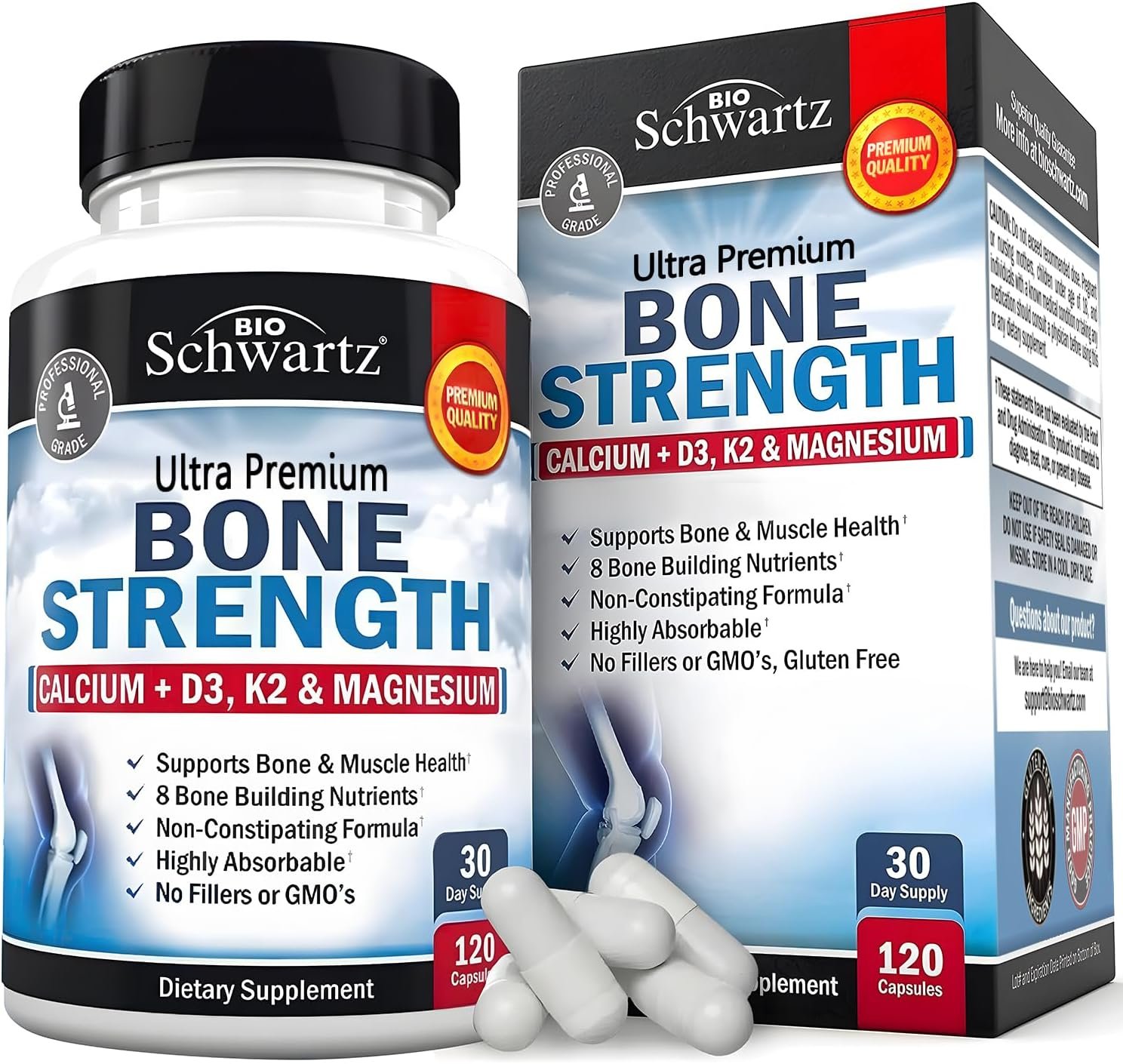 BioSchwartz Bone Strength Supplement – Gentle Non-Constipating Bone Health Supplement for Women & Men with 9-in-1 Complex with Calcium Magnesium Zinc D3 K2 & More – 3rd Party Tested – 1 Month