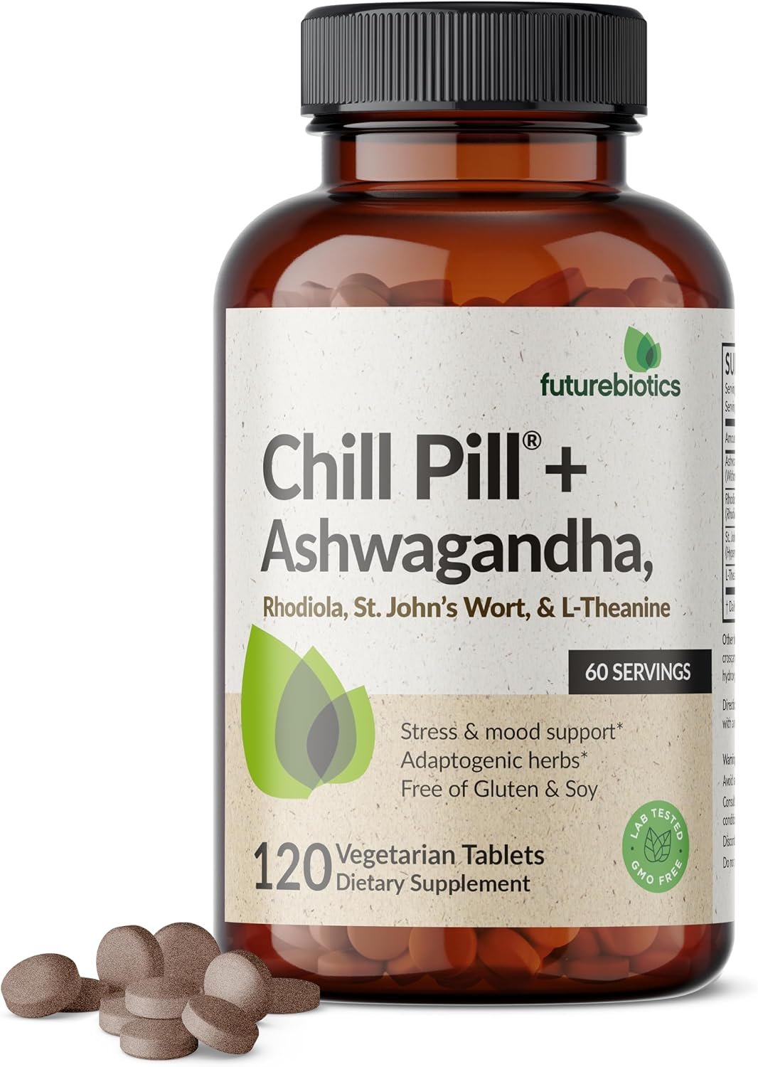 Futurebiotics Chill Pill + Ashwagandha, Rhodiola, St. John’s Wort, & L-Theanine – Non-GMO, 120 Vegetarian Tablets