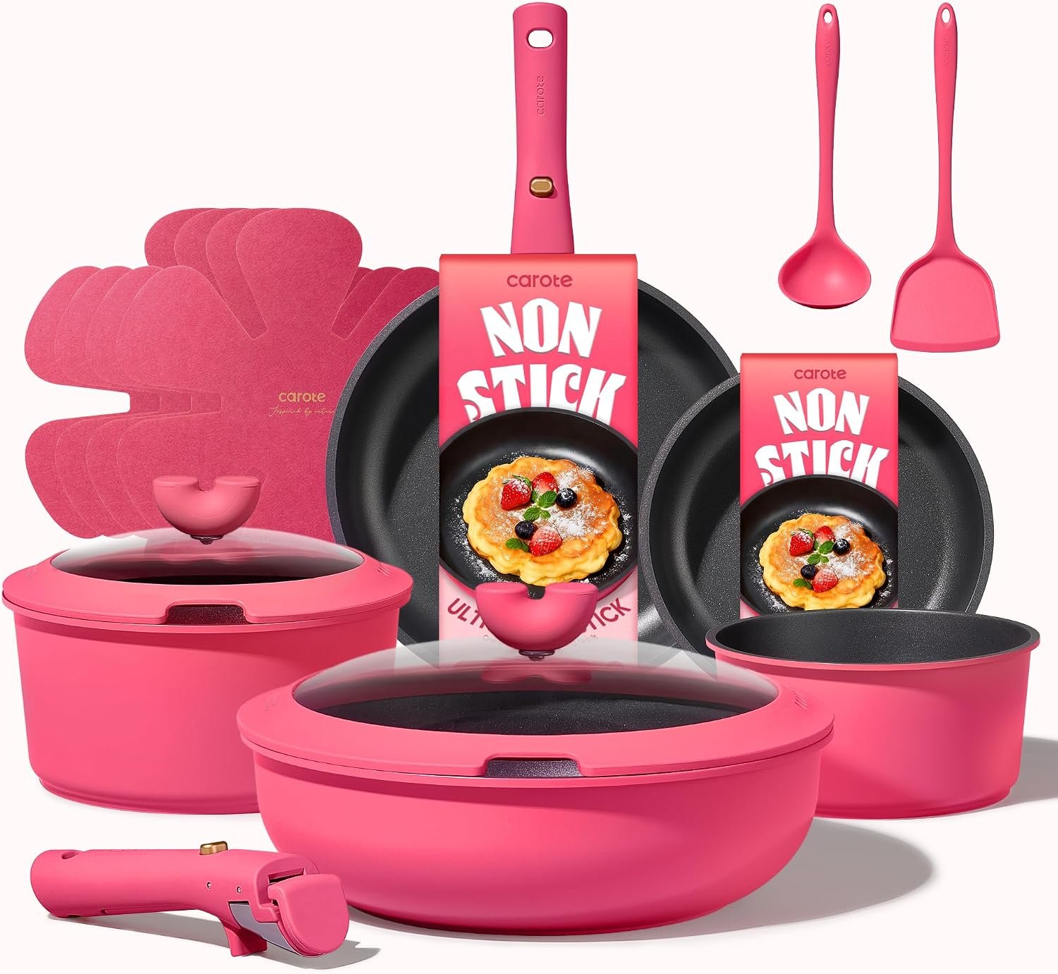 CAROTE 15pcs Pots and Pans Set Non Stick, Cookware Set Detachable Handle | Induction Compatible, Dishwasher & Oven Safe, Space Saving, Camping Cooking Set, Kitchen Set, Pink