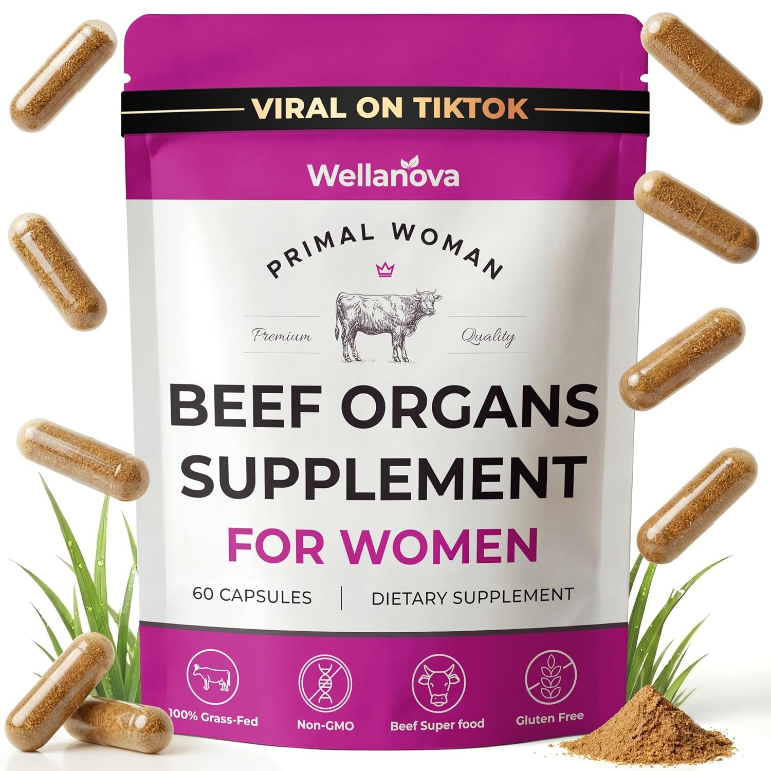 Primal Beef Organ Supplement for Women, Grass-Fed Ancestral Superfood Supplement with Uterus & Liver for Hormone Balance & Queen Energy – 60 Capsules