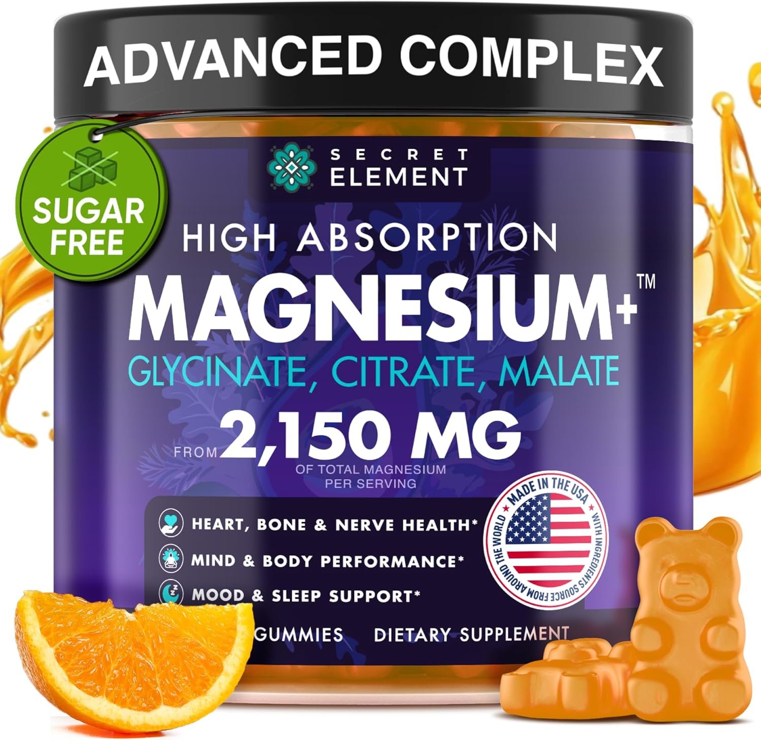 Secret Element Magnesium Glycinate 2150MG Gummies for Women and Men, High Absorption Magnesium Glycinate, Citrate, Malate Gummies for Adults & Kids, Sleep Support, Sugar Free, Vegan, 60 Chews, Orange