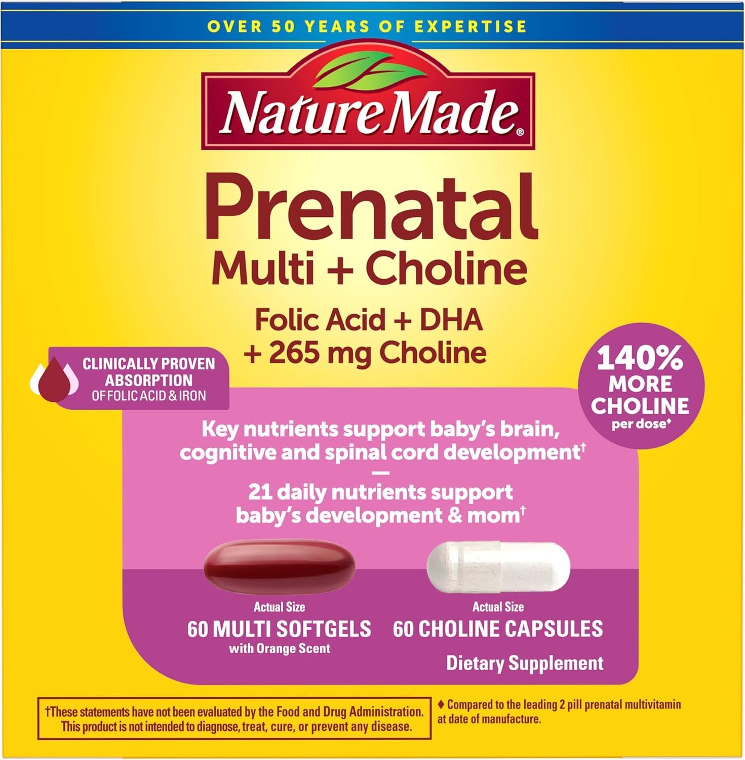 Nature Made Prenatal Vitamin Softgels + Choline Capsules, Folic Acid + DHA + Choline, 60 Prenatal Vitamins for Women, 60 Choline Supplements Capsules, 60 Day Supply