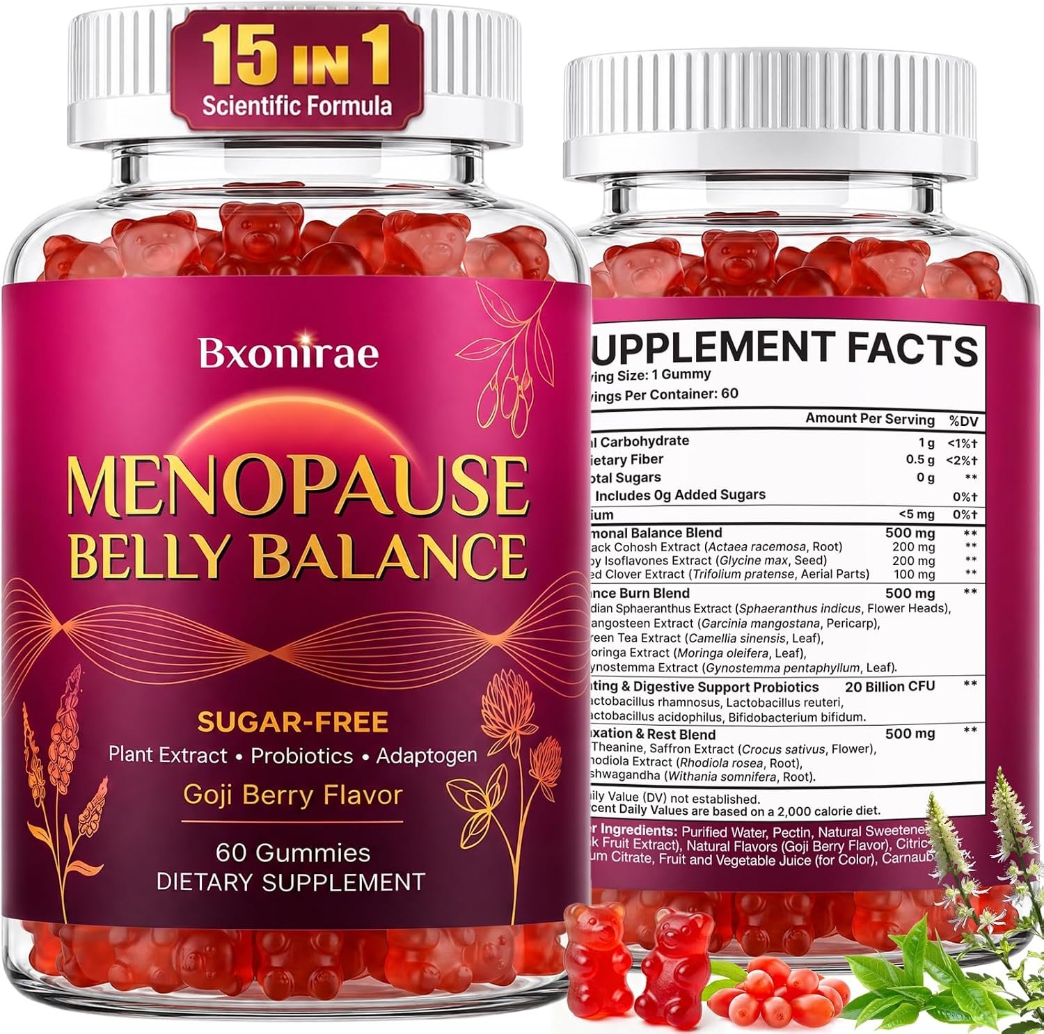Menopause Supplements for Women Gummies – Black Cohosh & Soy Isoflavones for Menopause Hot Flashes, Belly Burner*, Hormone Harmony & Mood Balance| Sugar-Free,60 Gummies