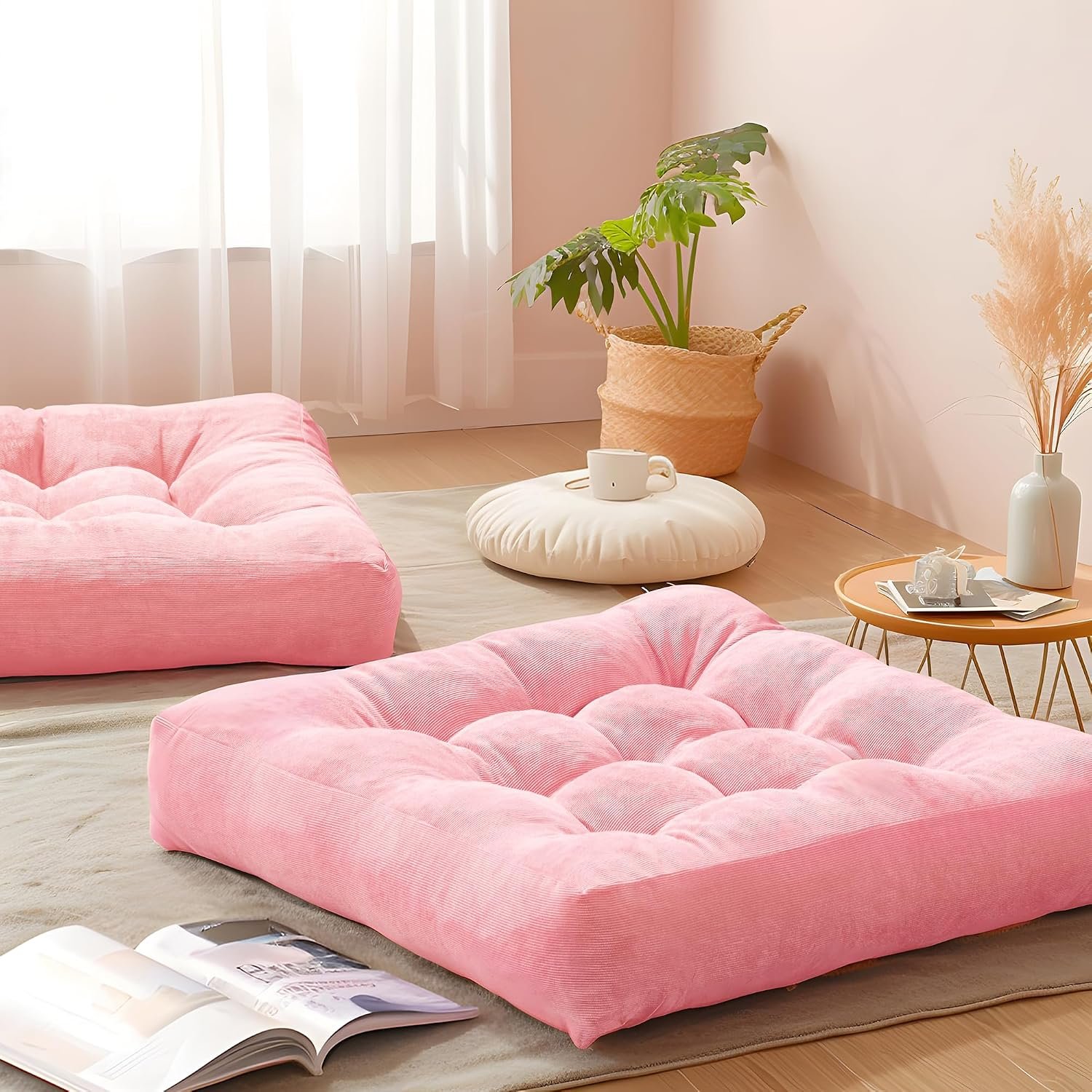 Pink Floor Pillow Set of 2 – Stylish Corduroy Cushions for Women, Perfect for Meditation, Yoga, and Relaxation, 22×22 Inch