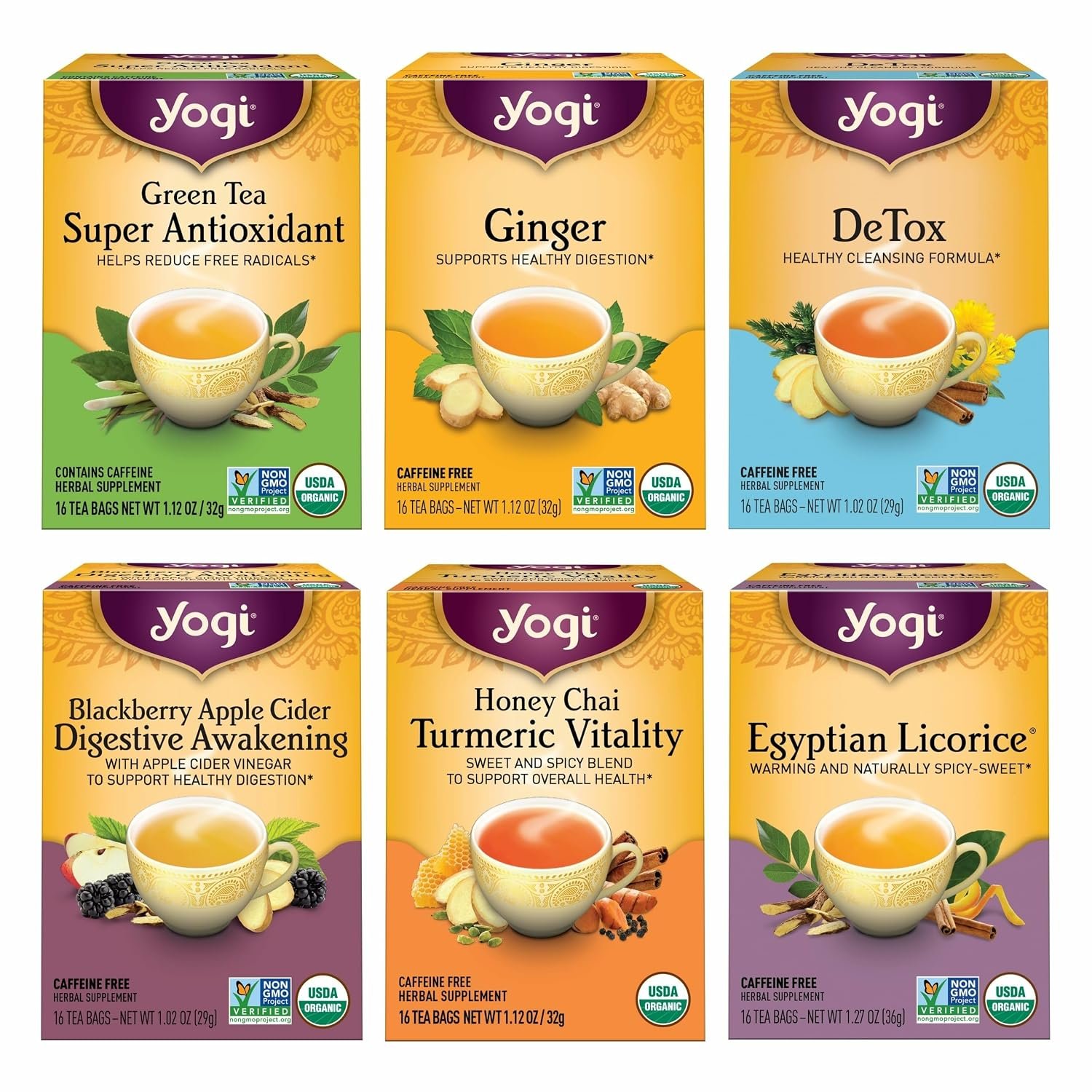 Yogi Digestion & DeTox Sampler Pack (6 Pack) – Wellness Support – Herbal & Green Tea – 96 Tea Bags